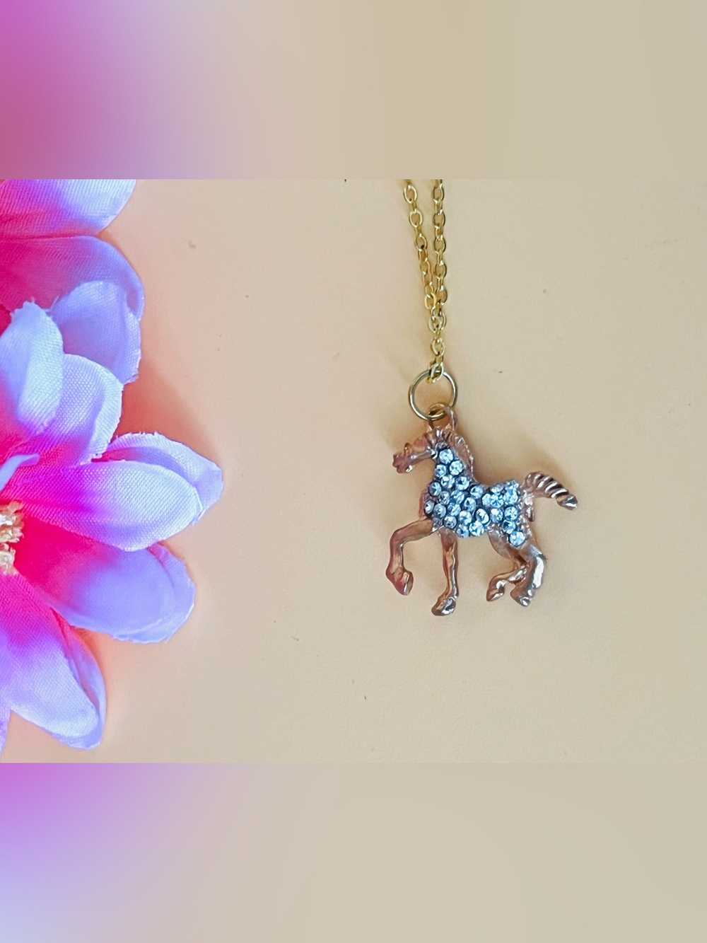 Gold-plated Horse Pendant Necklace with Clear Rhinestones